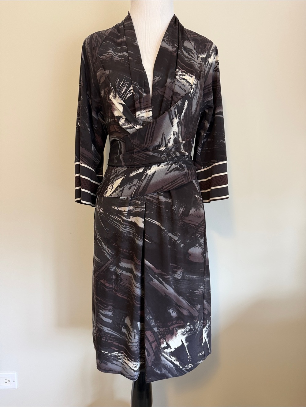 BCBGMaxAzria Black and Gray Abstract Wrap Dress